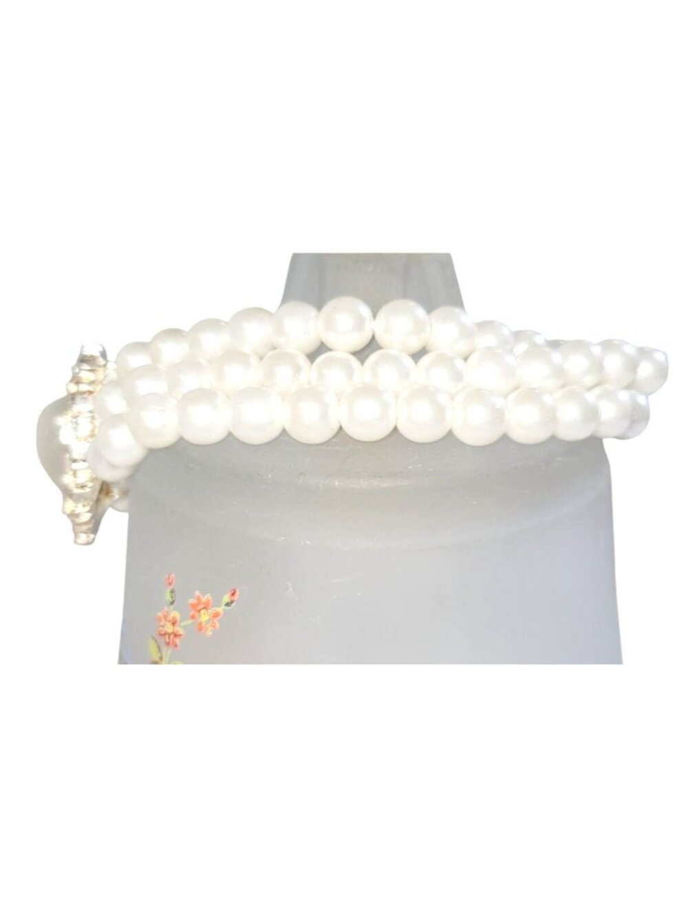 Faux Pearl With Tear Drop Crystal Cabochon Three Row Bracelet Silver Tone Clasp - Picture 2 of 10